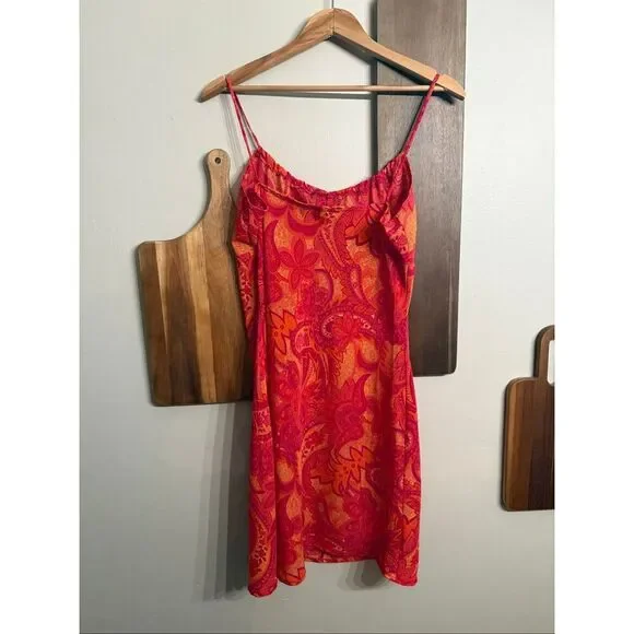 Vintage Y2K Charlotte Russe Red Orange Paisley Tie Front Mini Dress Medium/Large - Picture 2 of 4